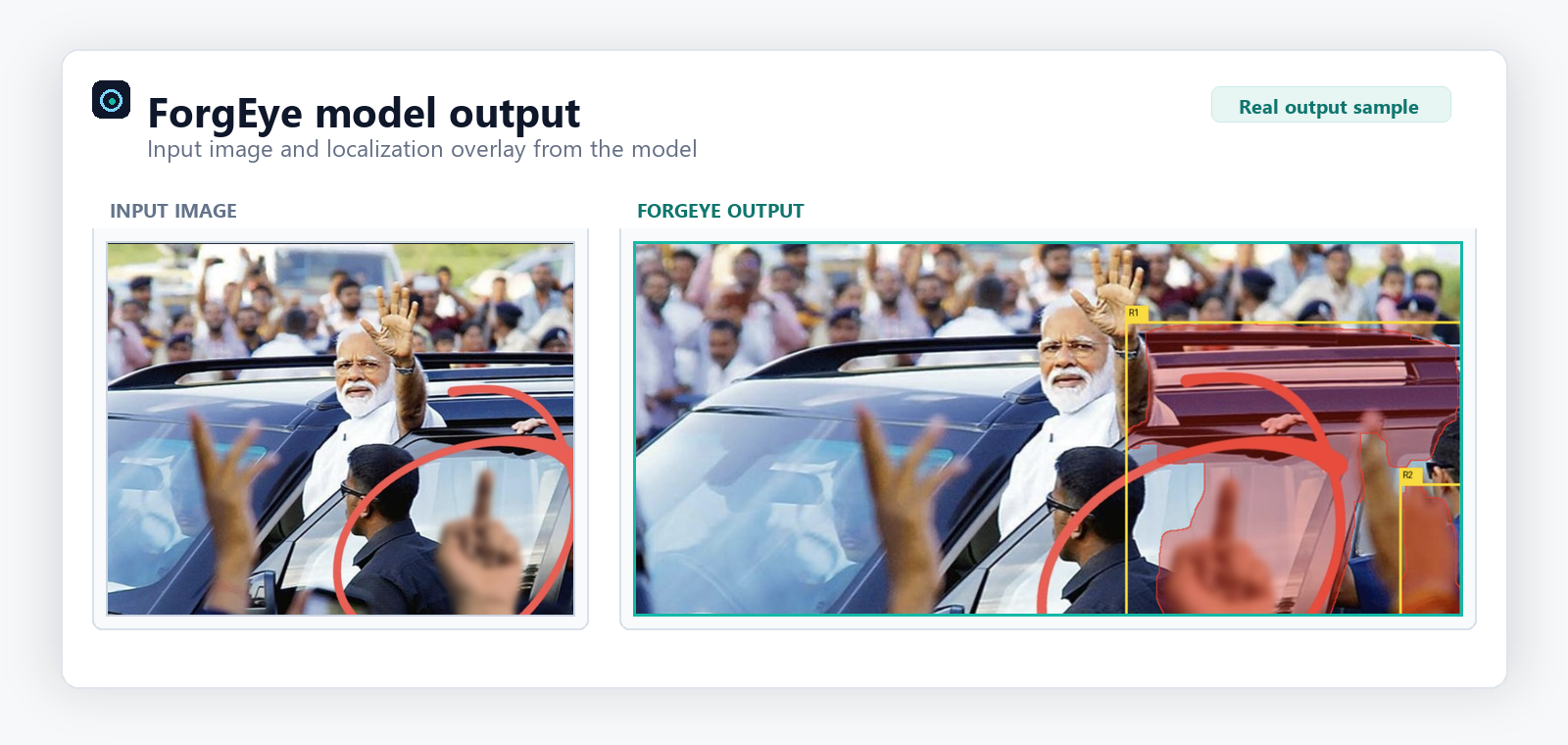 Real ForgEye model output showing input image and localization overlay regions